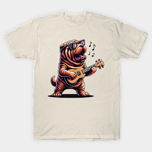 Dog Playing Guitar Chinese Shar Pei Dog Funny T-Shirt